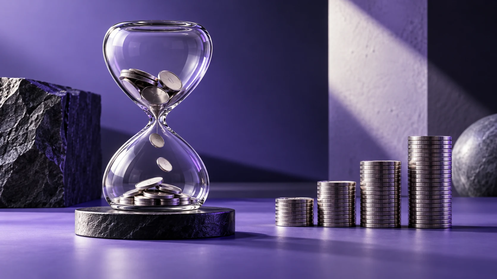 Silver coins flowing through a glass hourglass. Original AI-generated illustration.