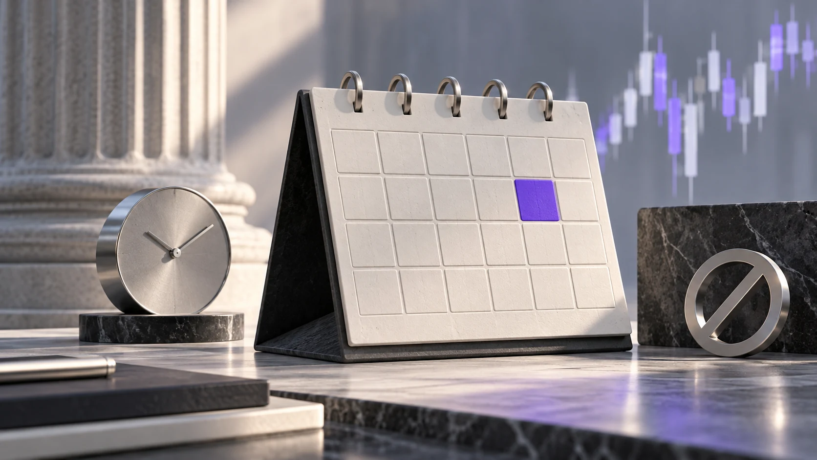 A blank economic calendar beside a clock. Original AI-generated illustration.