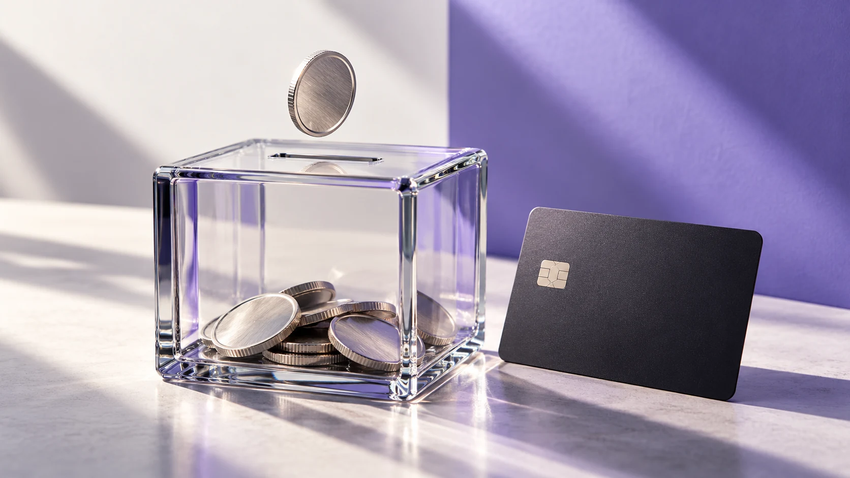 A coin entering a glass box beside an access card. Original AI-generated illustration.