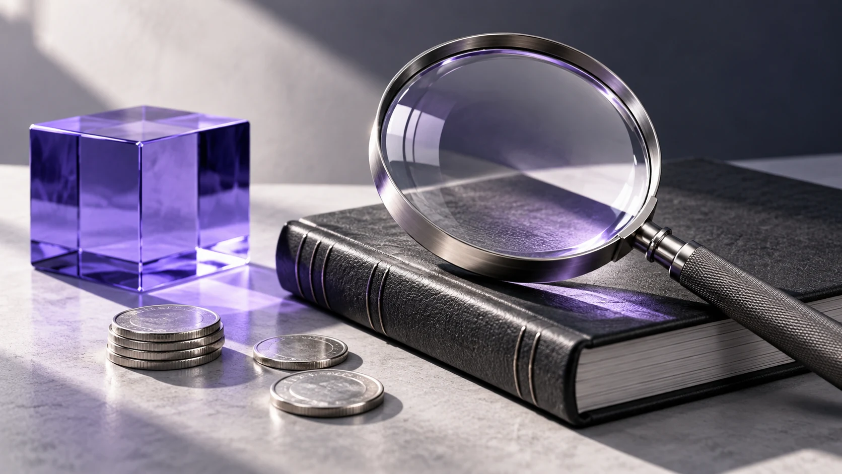 A magnifying glass above a ledger beside a transparent cube. Original AI-generated illustration.