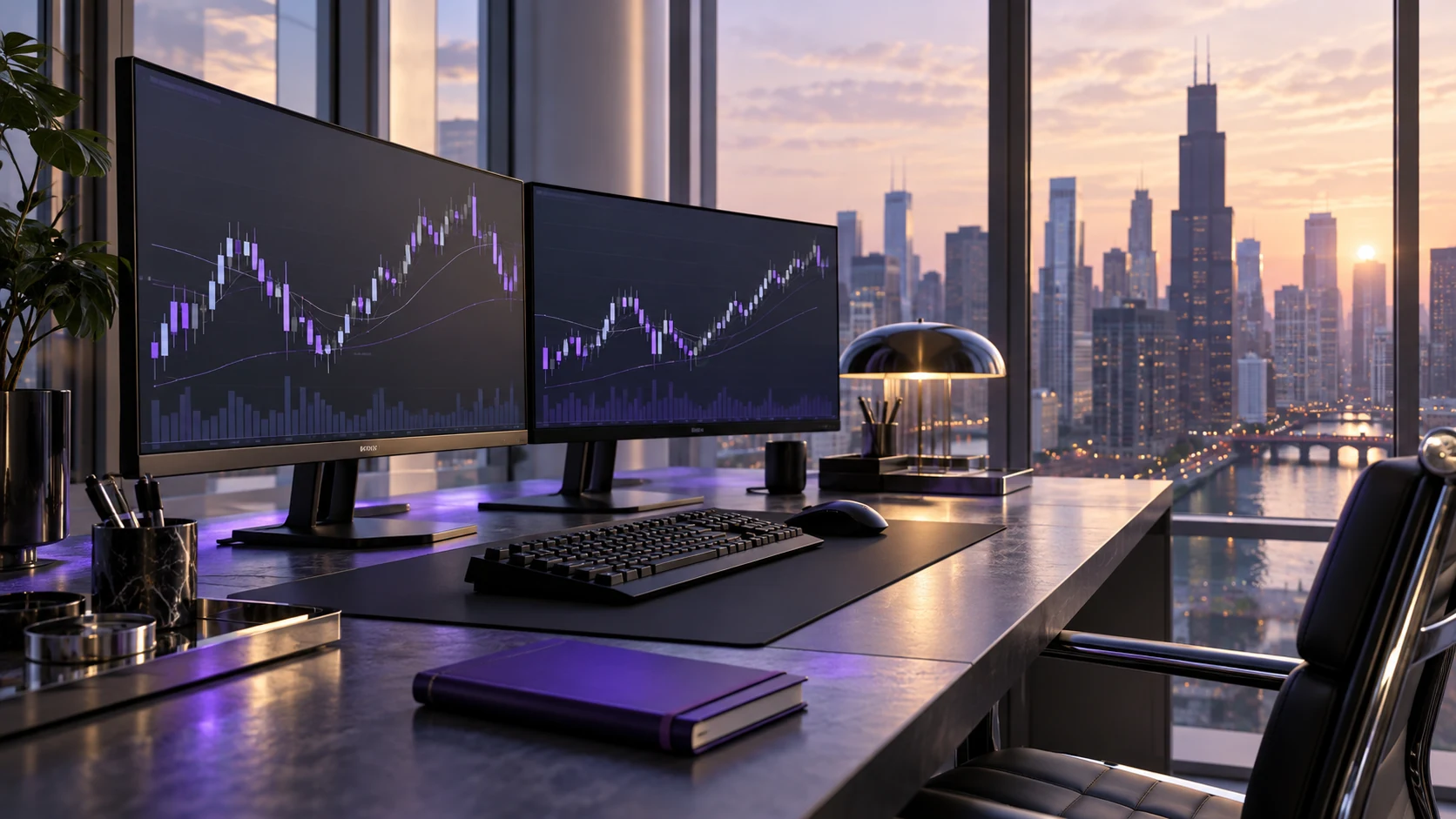 Conceptual trading desk with screens and a city skyline. Original AI-generated illustration.