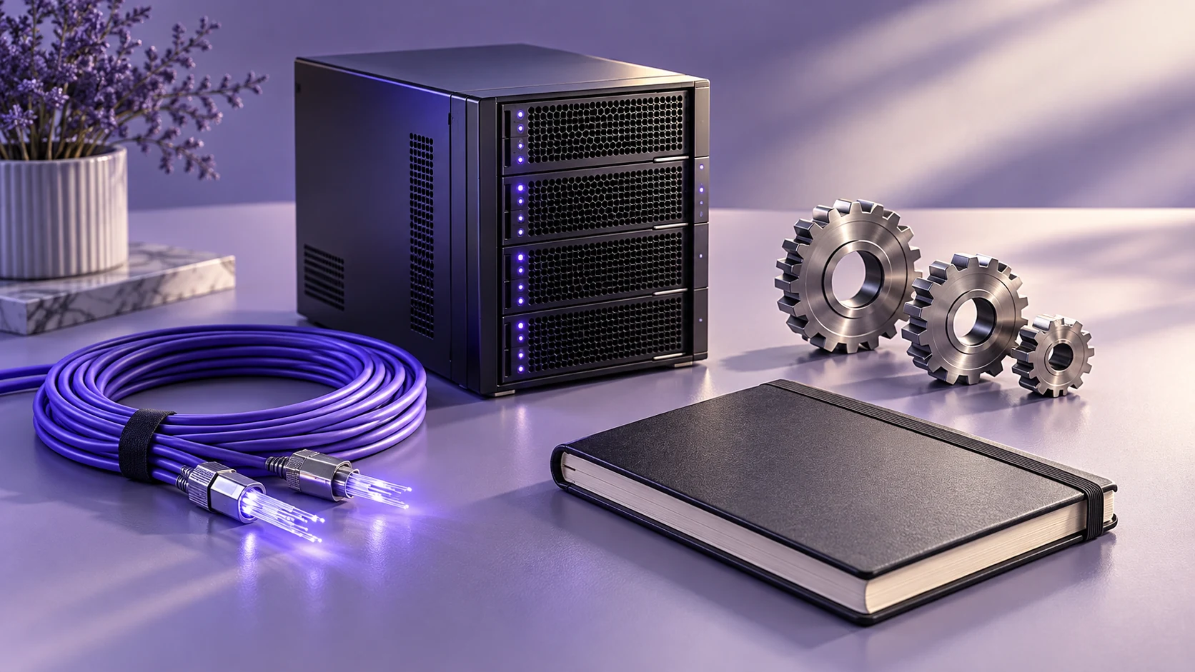 A server, network cables, ledger and gears. Original AI-generated illustration.