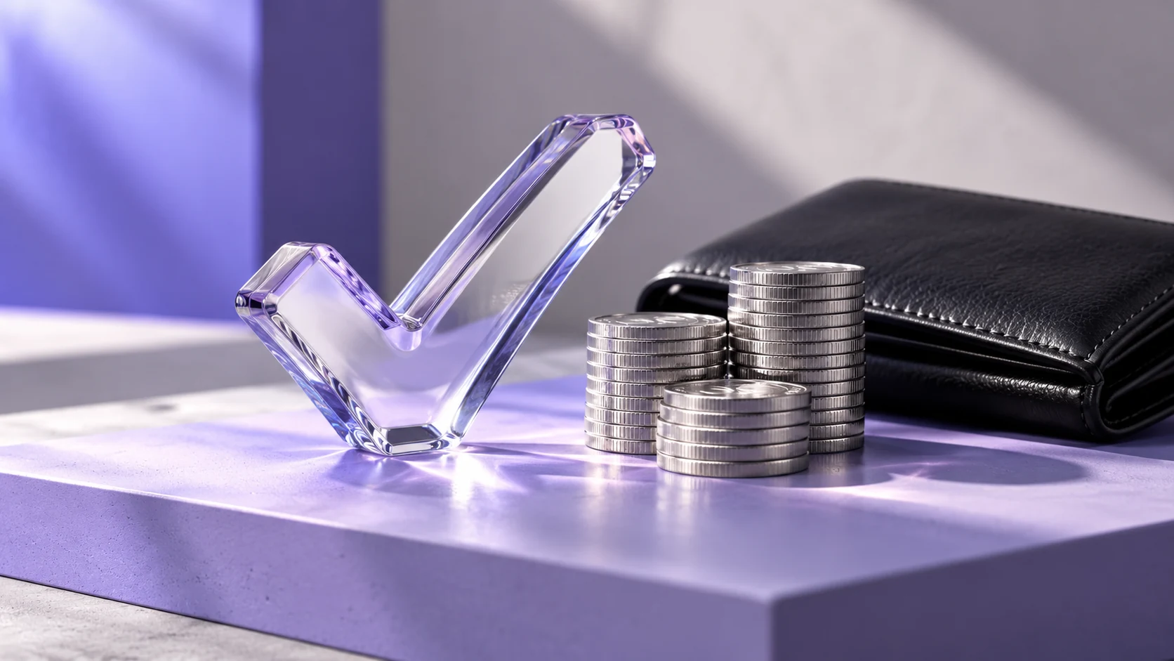 A glass checkmark beside coins and a wallet. Original AI-generated illustration.