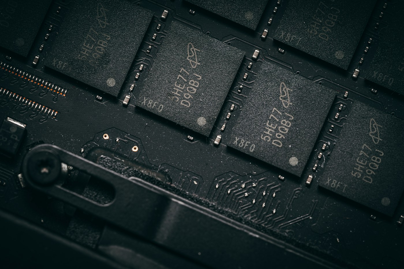 Computer memory chips on a circuit board