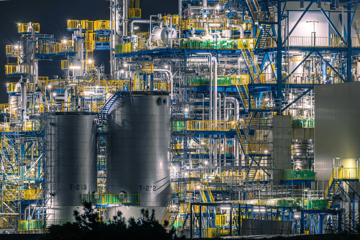 Illuminated oil refinery