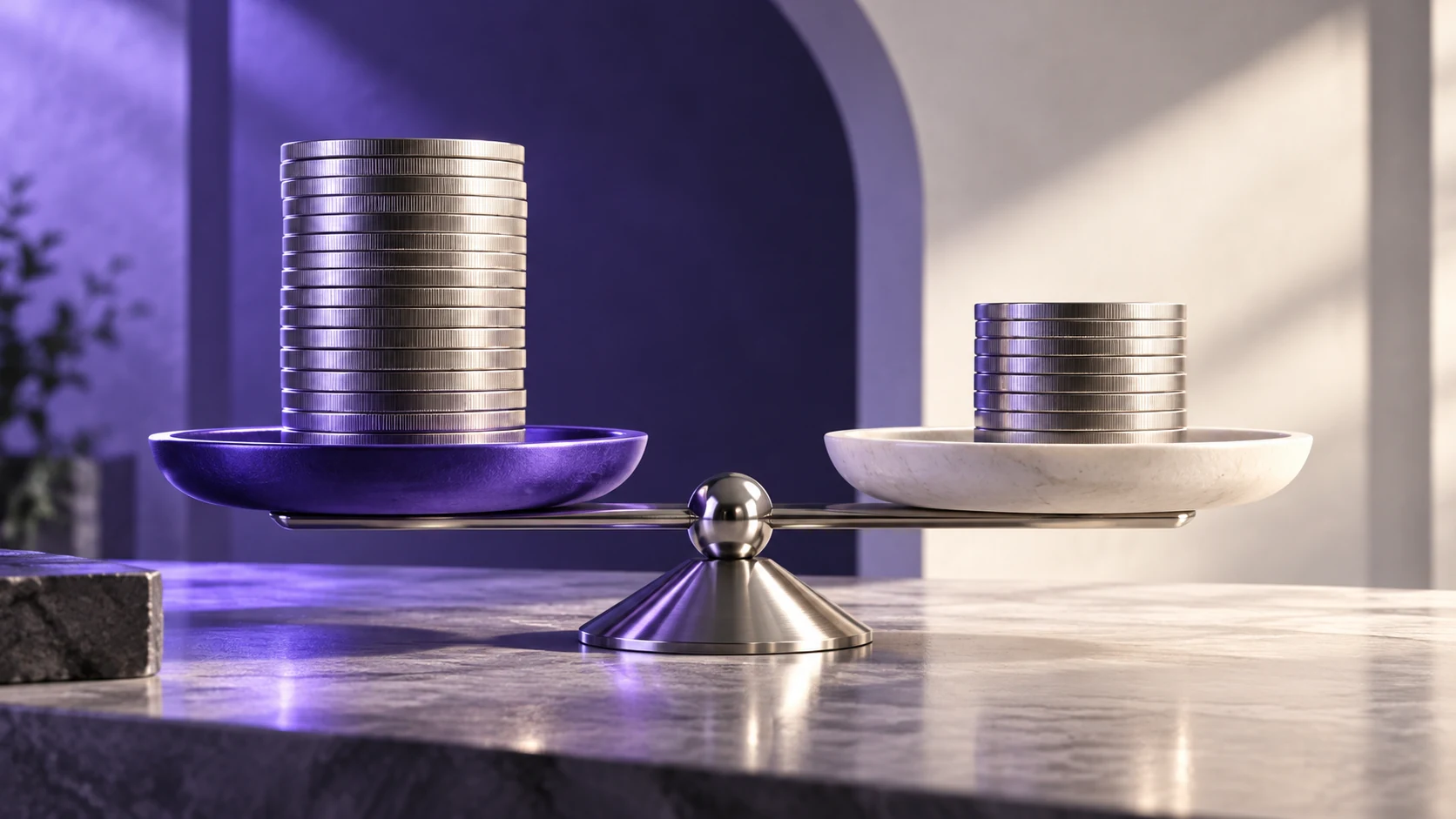 Two groups of coins on a balance scale. Original AI-generated illustration.