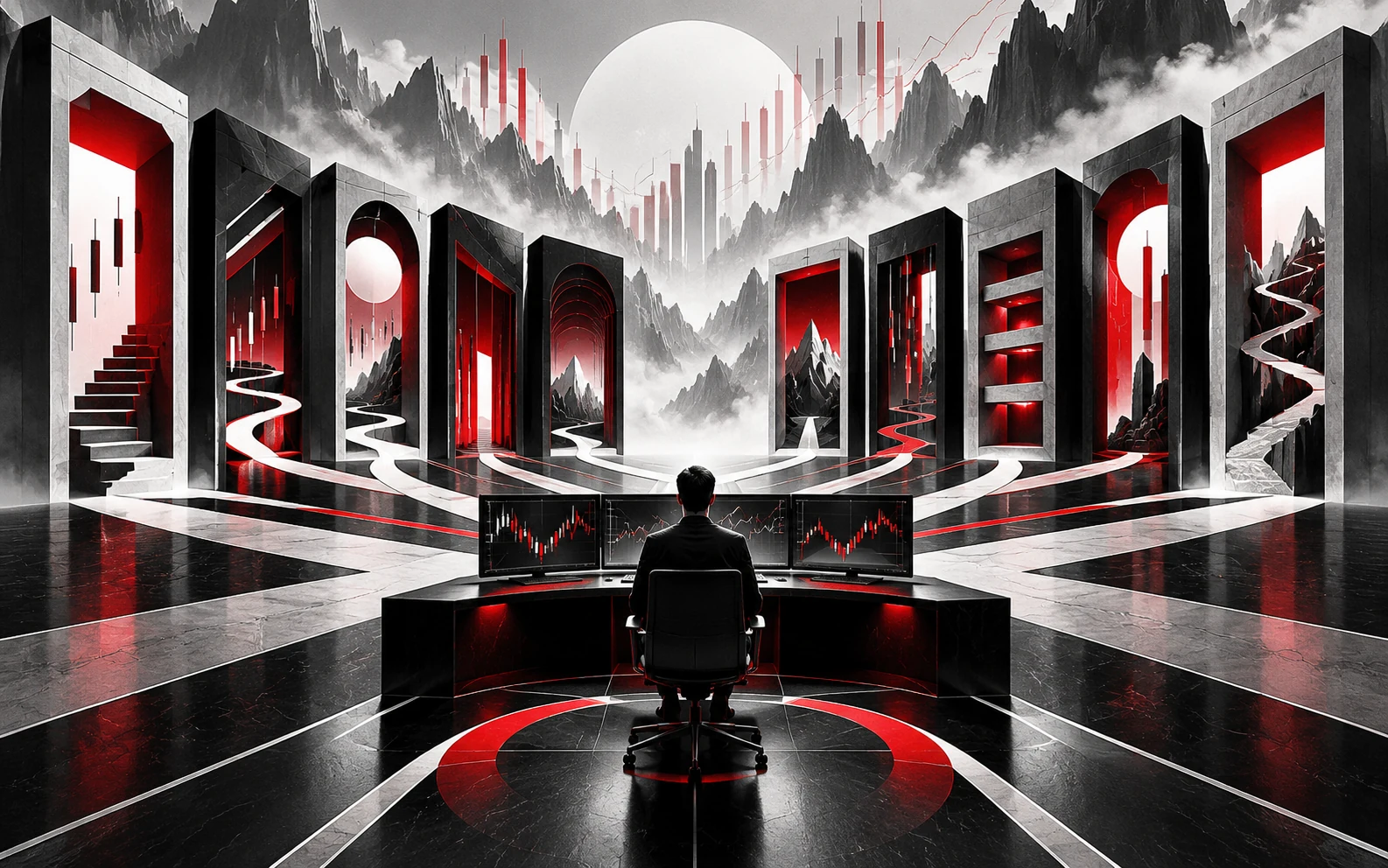 A trader faces ten abstract gateways in black, white and red, representing different prop firm evaluation paths.