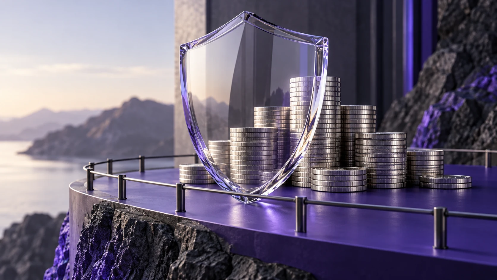 A transparent shield protecting stacks of silver coins. Original AI-generated illustration.