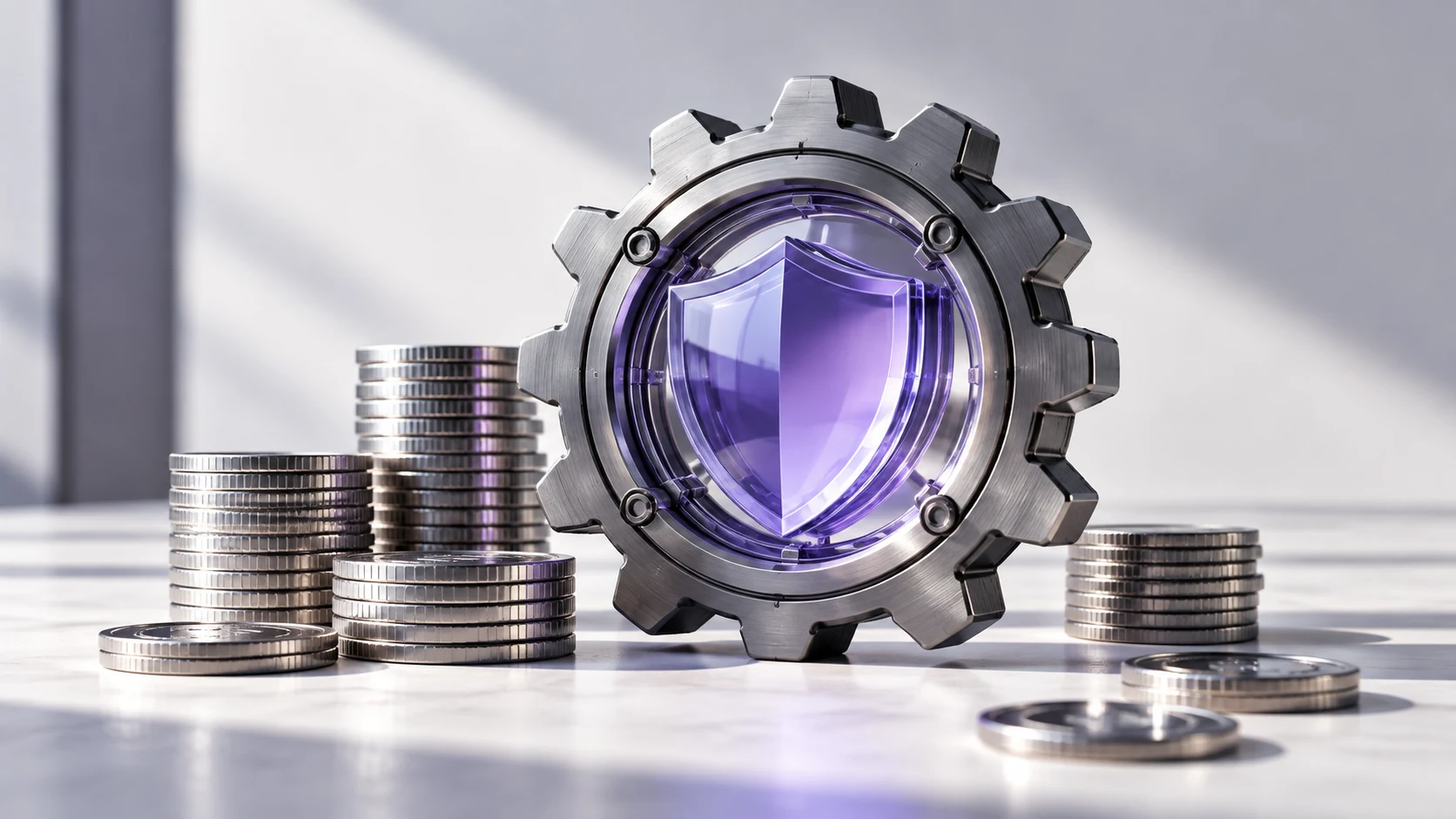 A violet glass shield set inside a metal gear. Original AI-generated illustration.