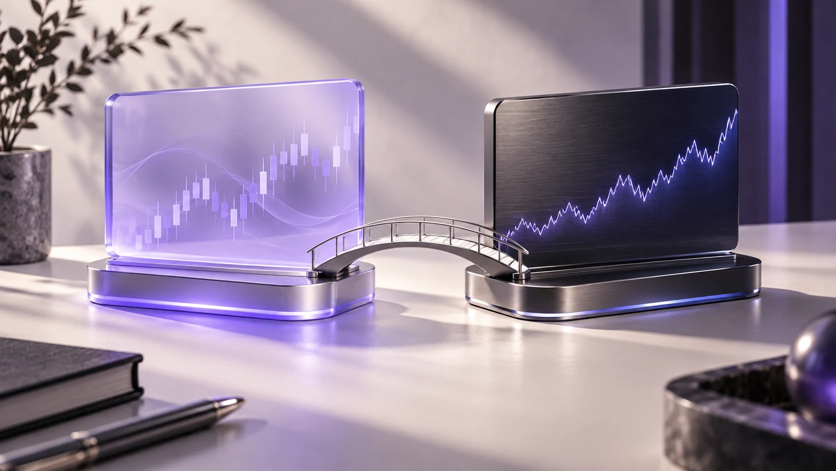 A bridge connecting transparent and solid market displays. Original AI-generated illustration.