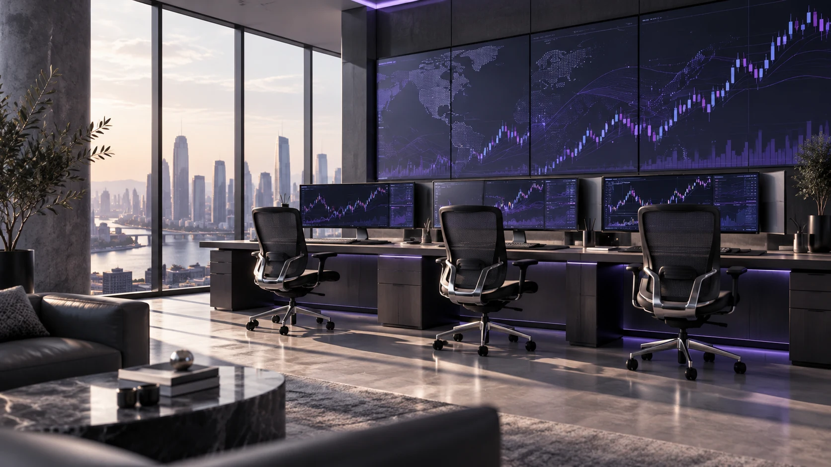 Conceptual professional trading office with market screens. Original AI-generated illustration.